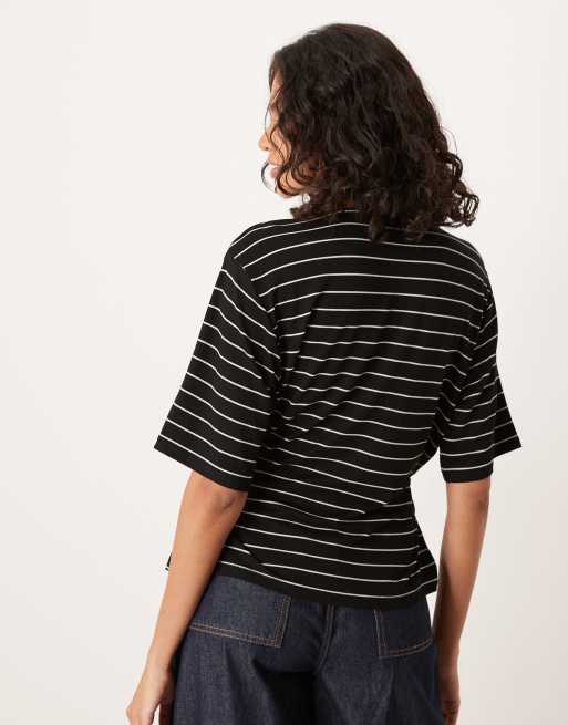 ASOS DESIGN stripe short sleeve cinched tie side detail t-shirt in black