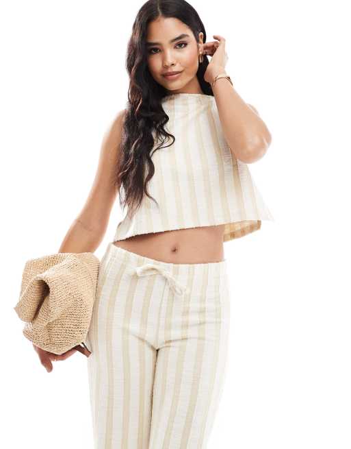 ASOS DESIGN stripe slash neck boxy top in brown (part of a set)