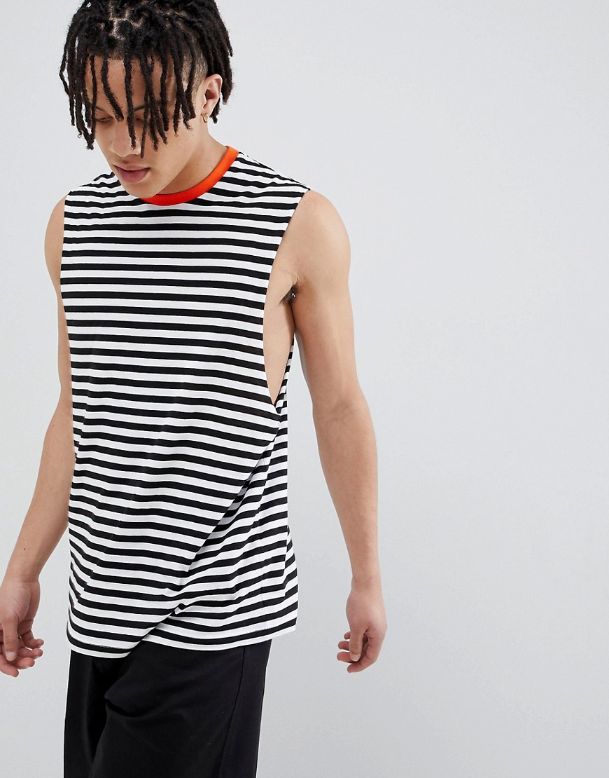 ASOS DESIGN stripe sleeveless t-shirt in navy with orange contrast neck