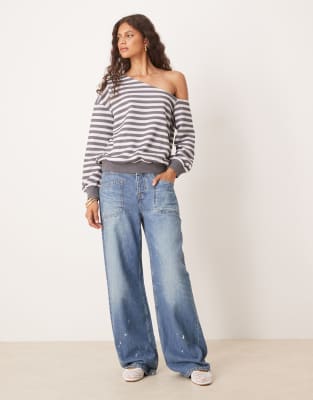 Asos Design Stripe Slouchy Off Shoulder Loopback Sweater In Blue