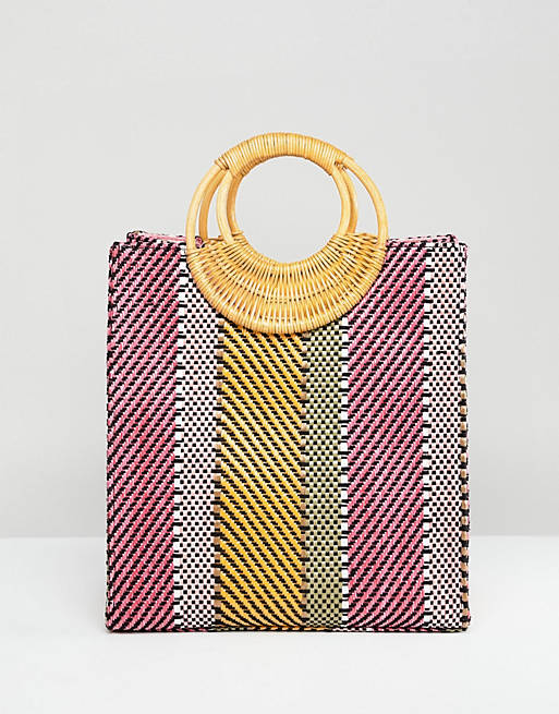 ASOS DESIGN stripe straw mini shopper bag with bamboo handle