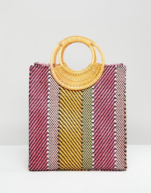 ASOS DESIGN stripe straw mini shopper bag with bamboo handle ASOS