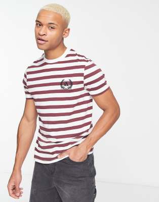 ASOS DESIGN stripe T-shirt in burgundy and white with chest embroidery