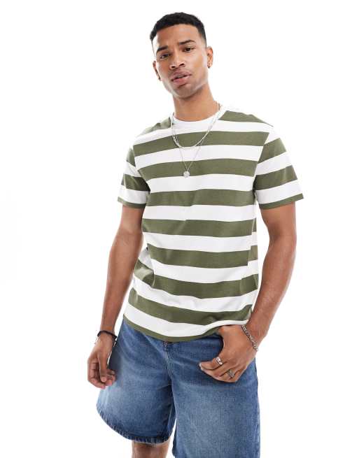 ASOS DESIGN stripe t-shirt in khaki and white, 2 of 4