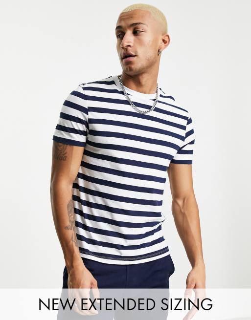 Short Sleeved Striped Crewneck Tee in Navy + White