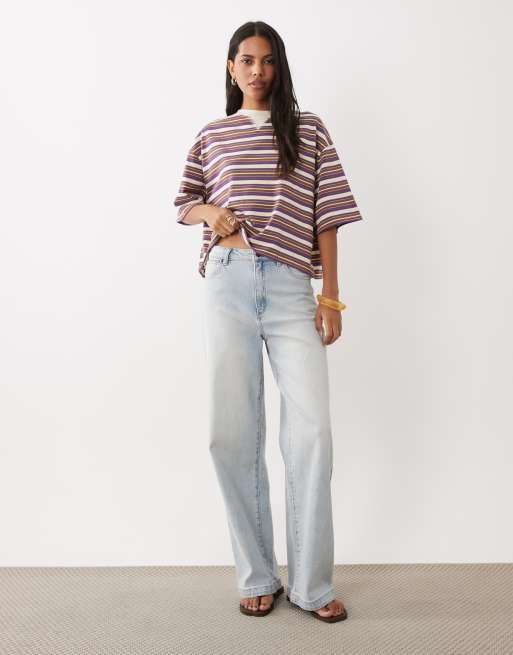 ASOS DESIGN stripe t-shirt with contrast neck in lemon and purple, 3 of 4