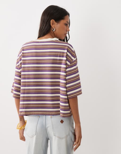 ASOS DESIGN stripe t-shirt with contrast neck in lemon and purple, 4 of 4