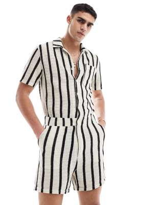 ASOS DESIGN stripe textured boilersuit-Neutral