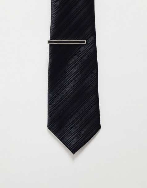 ASOS DESIGN stripe tie with tie bar in black - view 1