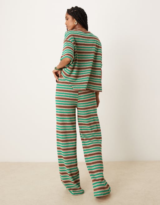 ASOS DESIGN stripe wide leg pants in green and brown stripe (Part of a set), 3 of 5