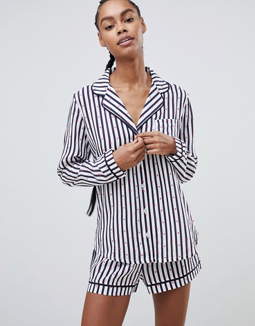 ASOS DESIGN stripe woven pyjama shirt and short pyjama with ditsy heart ...