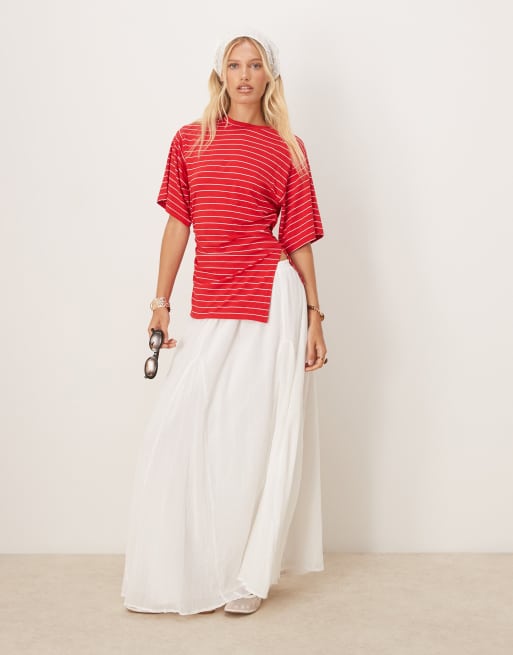 ASOS DESIGN striped asymmetric cinched side tee in red, 2 of 4