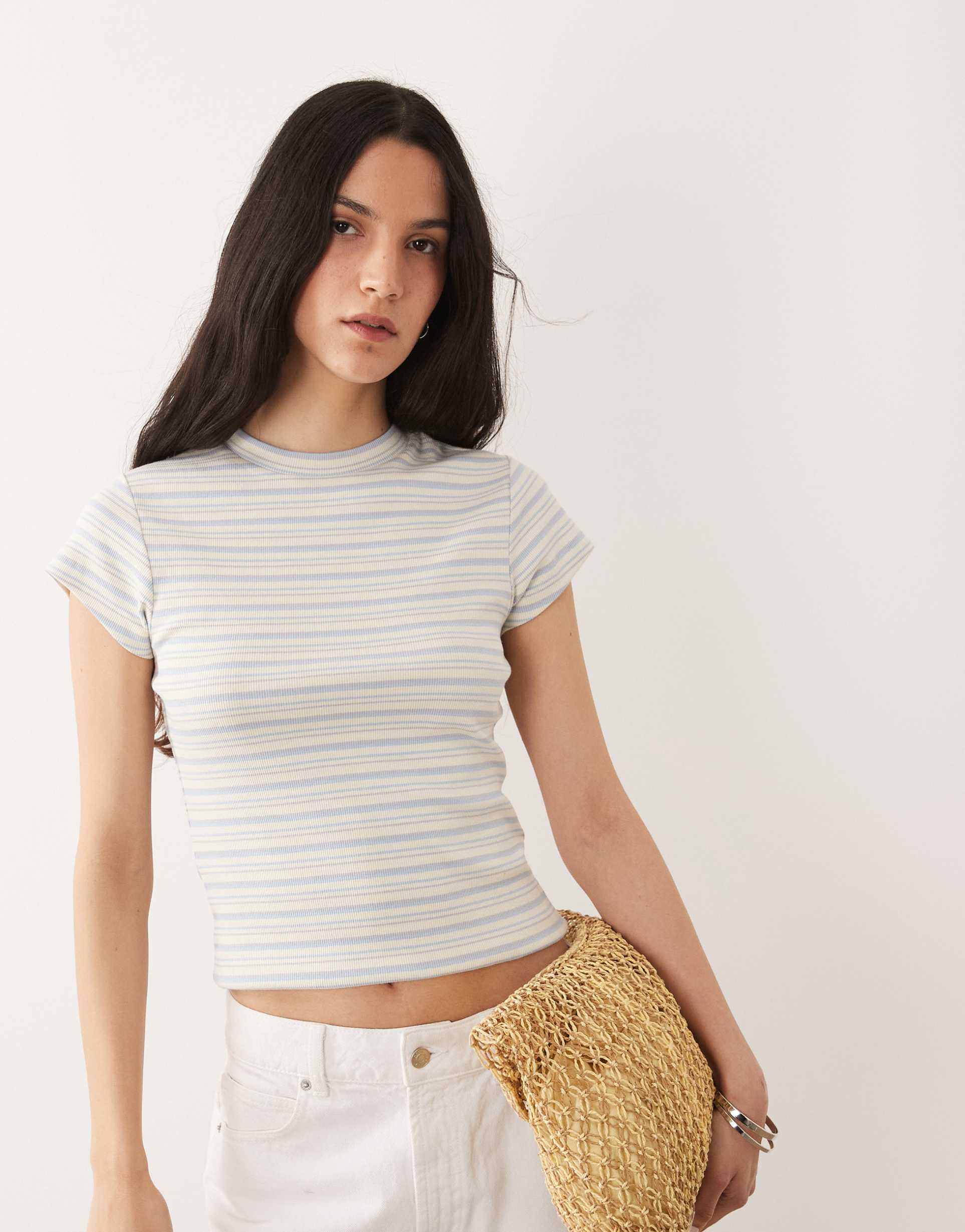 asos design striped baby tee in light blue