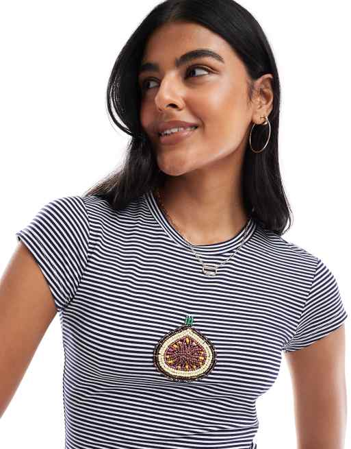 ASOS DESIGN striped baby tee with beaded fig graphic in navy, 3 of 4