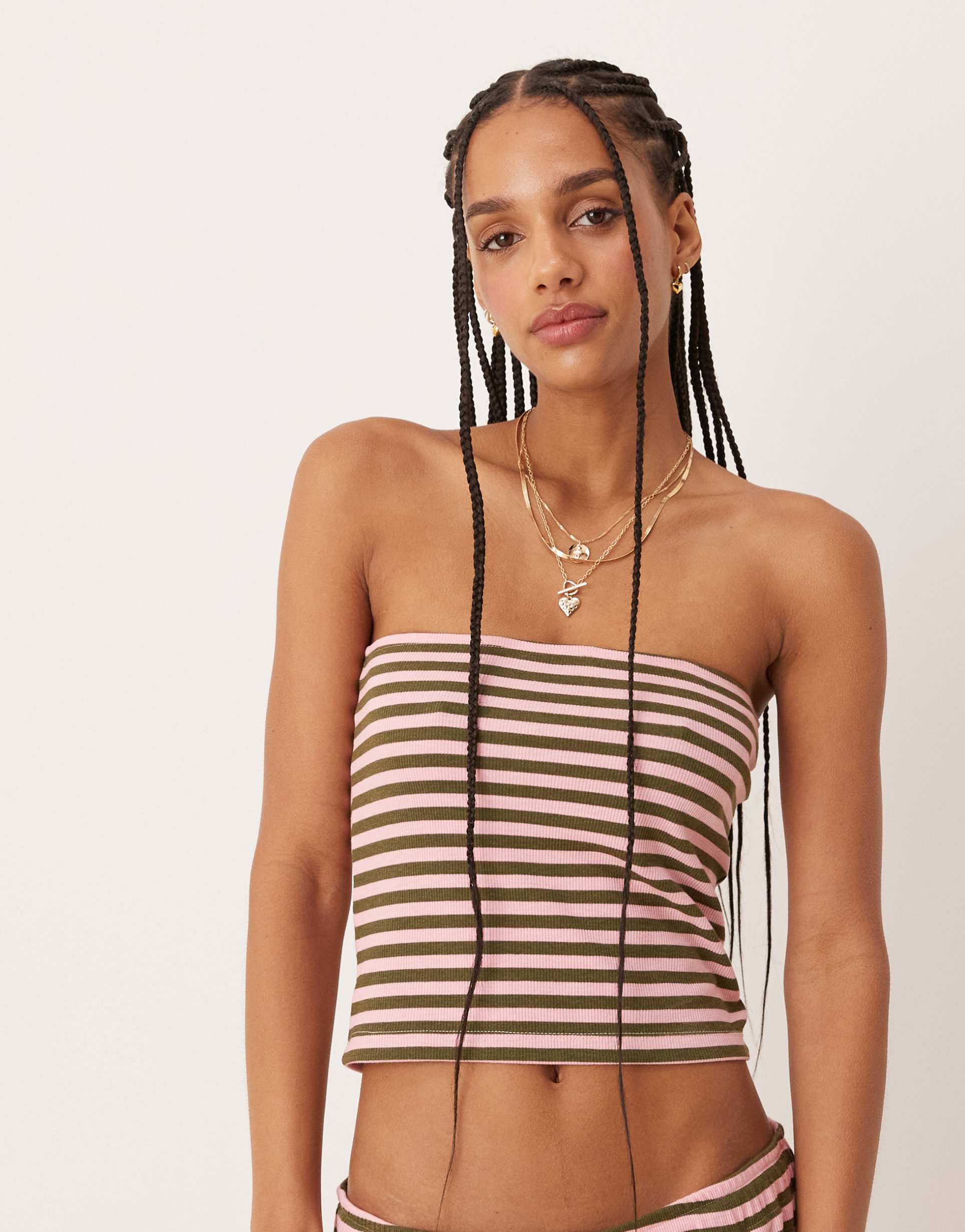 asos design striped bandeau top in green and pink - part of a set
