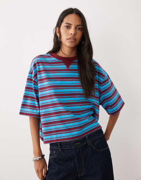ASOS DESIGN striped boxy t-shirt in blue and burgundy - view 1