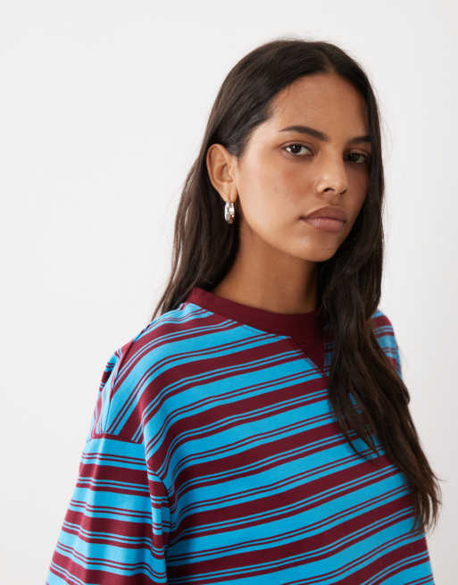 ASOS DESIGN striped boxy t-shirt in blue and burgundy, 2 of 4