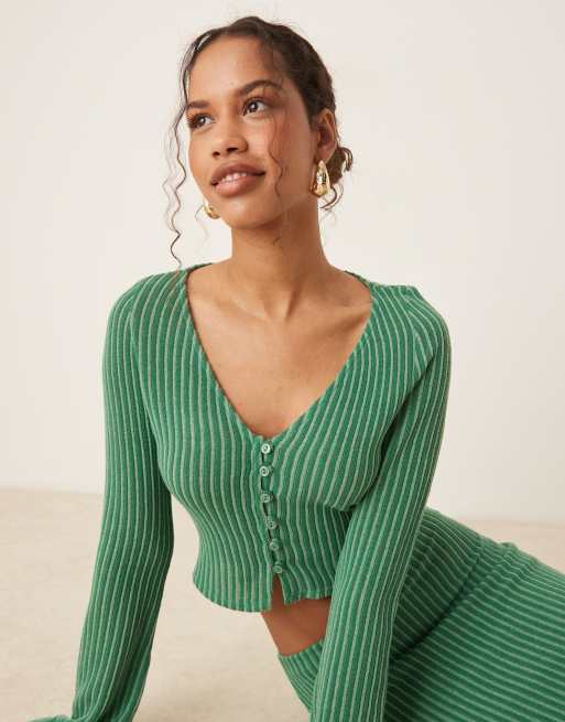 ASOS DESIGN striped button through long sleeve top in green (part of a set)