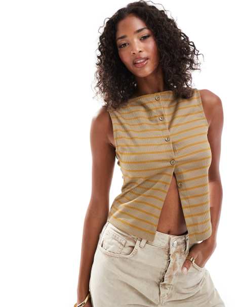 ASOS DESIGN striped button through sleeveless top in khaki - view 1
