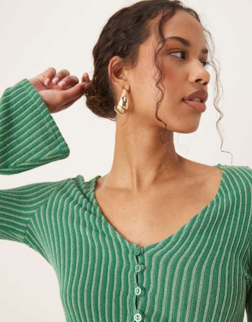 ASOS DESIGN striped button up long sleeve top in green - part of a set, 3 of 4