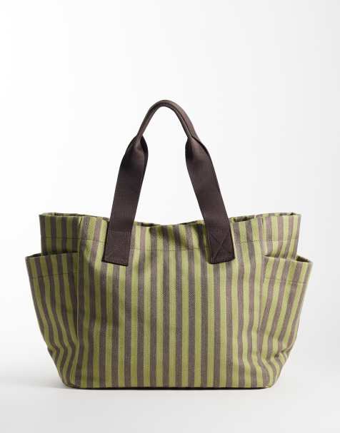 ASOS DESIGN striped canvas multi pocket tote bag in green and chocolate - view 1
