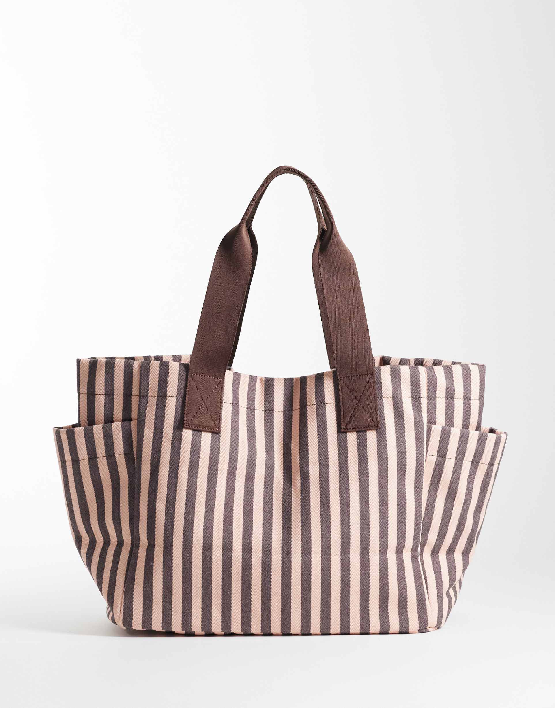 asos design striped canvas multi pocket tote bag in light pink and chocolate