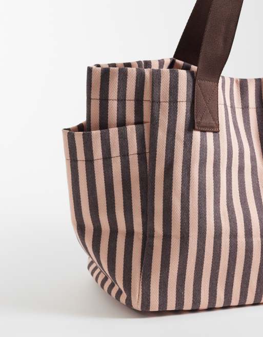 ASOS DESIGN striped canvas multi pocket tote bag in light pink and chocolate, 3 of 4