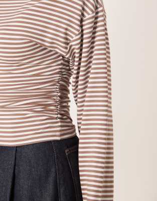 Asos Design Striped Cinched Asymmetric Long Sleeve Top In Brown