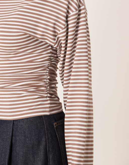 ASOS DESIGN striped cinched asymmetric long sleeve top in brown
