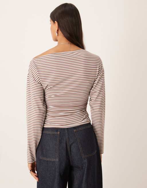 ASOS DESIGN striped cinched asymmetric long sleeve top in brown