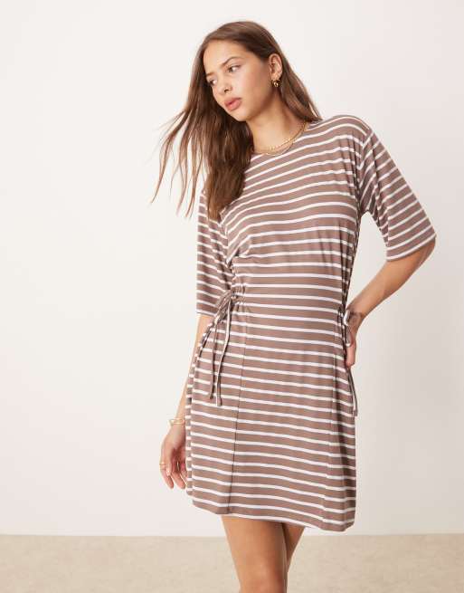 ASOS DESIGN striped cinched mini dress with tie side in brown