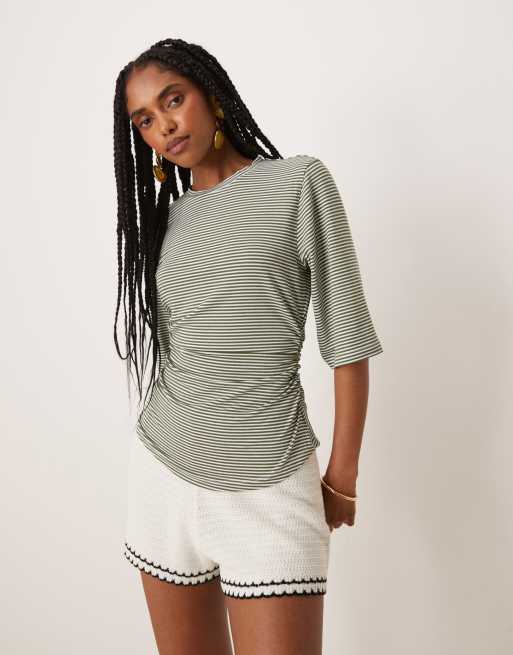 ASOS DESIGN striped cinched T-shirt in green