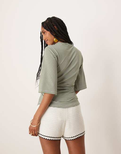 ASOS DESIGN striped cinched T-shirt in green