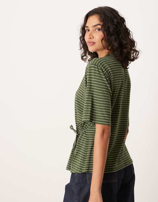 ASOS DESIGN striped cinched tie side tee in green