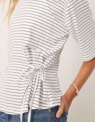 ASOS DESIGN striped cinched tie side tee in ivory