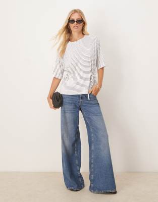 ASOS DESIGN striped cinched tie side tee in ivory