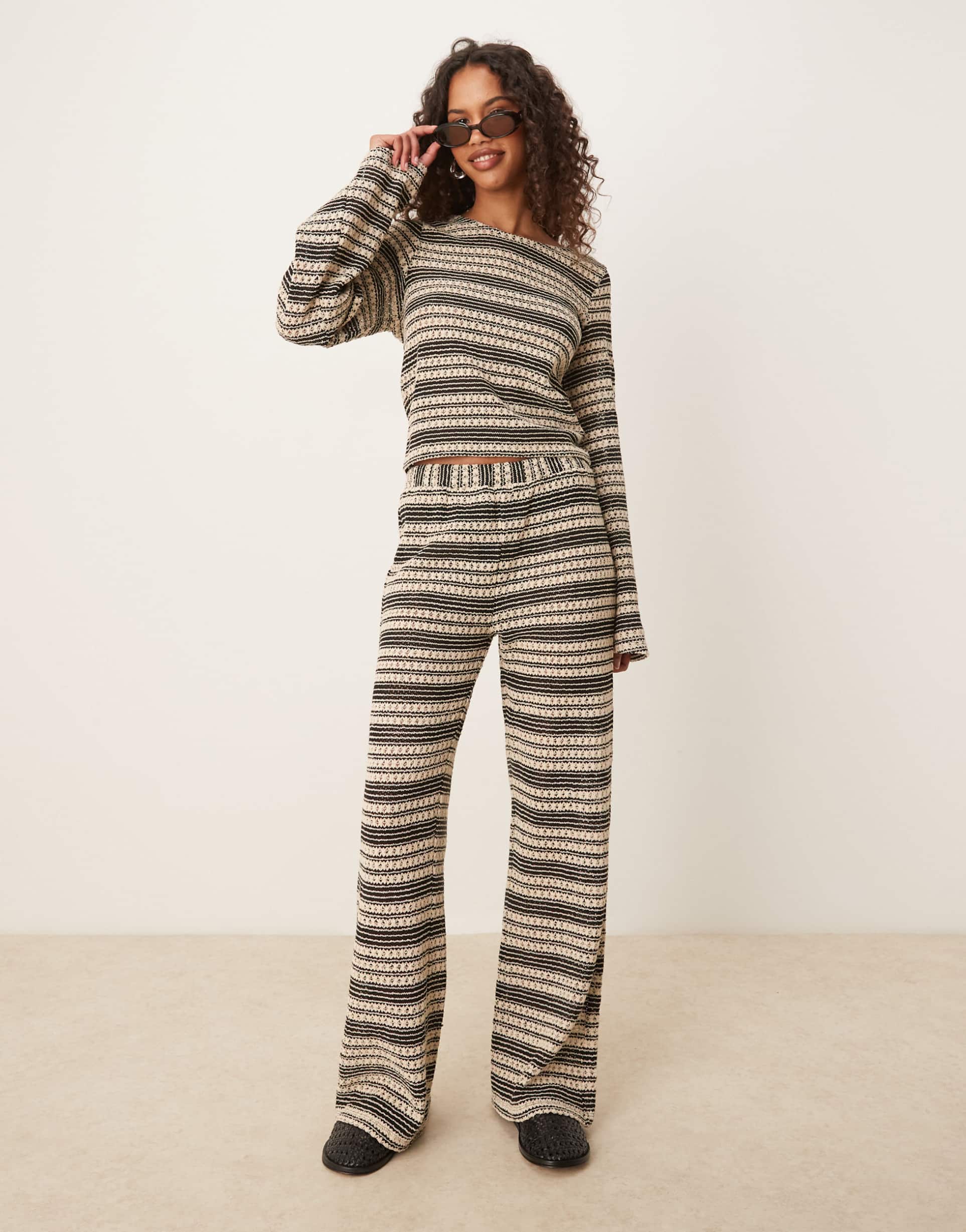 asos design striped crochet stitch flared pants in black and white - part of a set