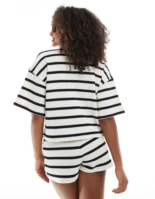 ASOS DESIGN striped cut and sew boxy oversized shirt in ivory - part of a set, 3 of 4