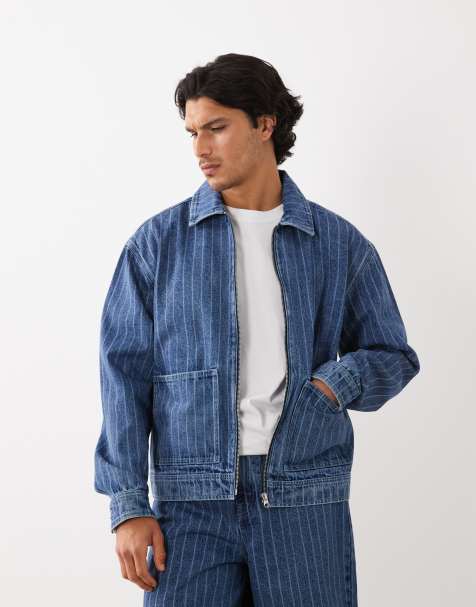 ASOS DESIGN striped denim jacket in mid wash blue - part of a set - view 1