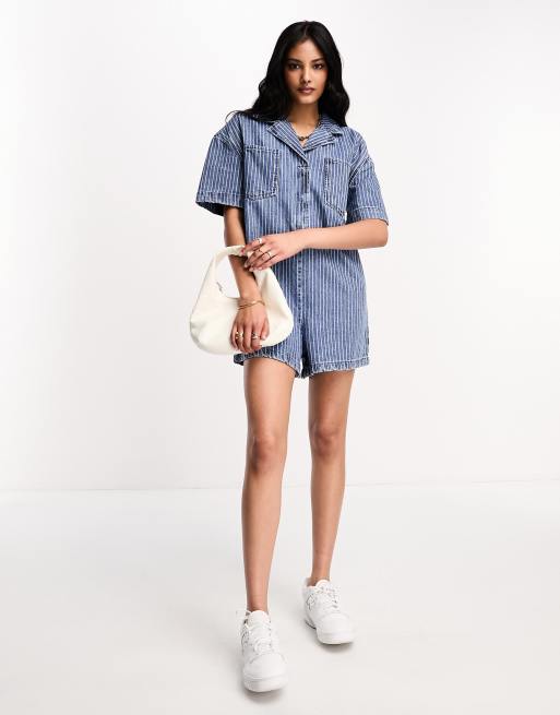 Grey Striped Short Sleeve Jersey Playsuit