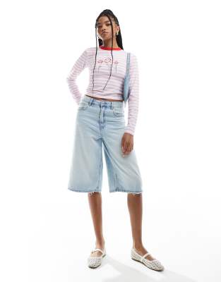 Asos Design Striped Fitted Top With Contrast Ringer And Floral Embroidery In Pink