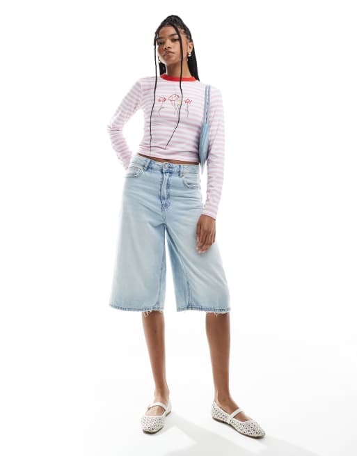 ASOS DESIGN striped fitted top with contrast ringer and floral embroidery in pink, 2 of 4