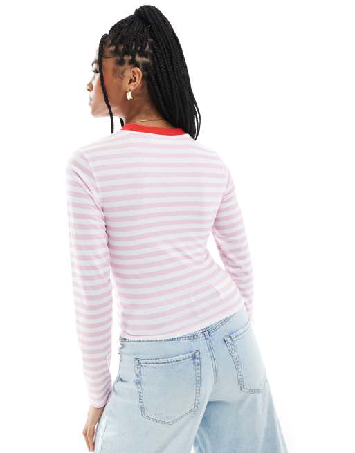 ASOS DESIGN striped fitted top with contrast ringer and floral embroidery in pink, 3 of 4