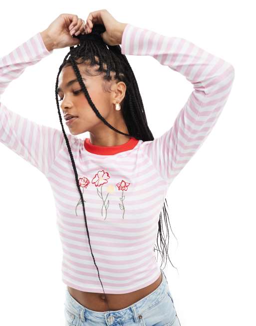 ASOS DESIGN striped fitted top with contrast ringer and floral embroidery in pink, 4 of 4
