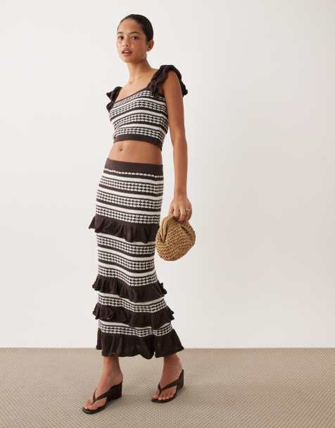 ASOS DESIGN striped frill midaxi skirt in brown and cream - part of a set - view 1