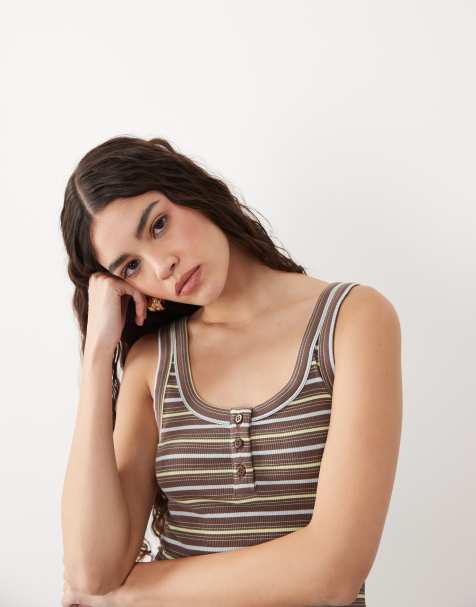 ASOS DESIGN striped henley tank top in multi stripe - view 1