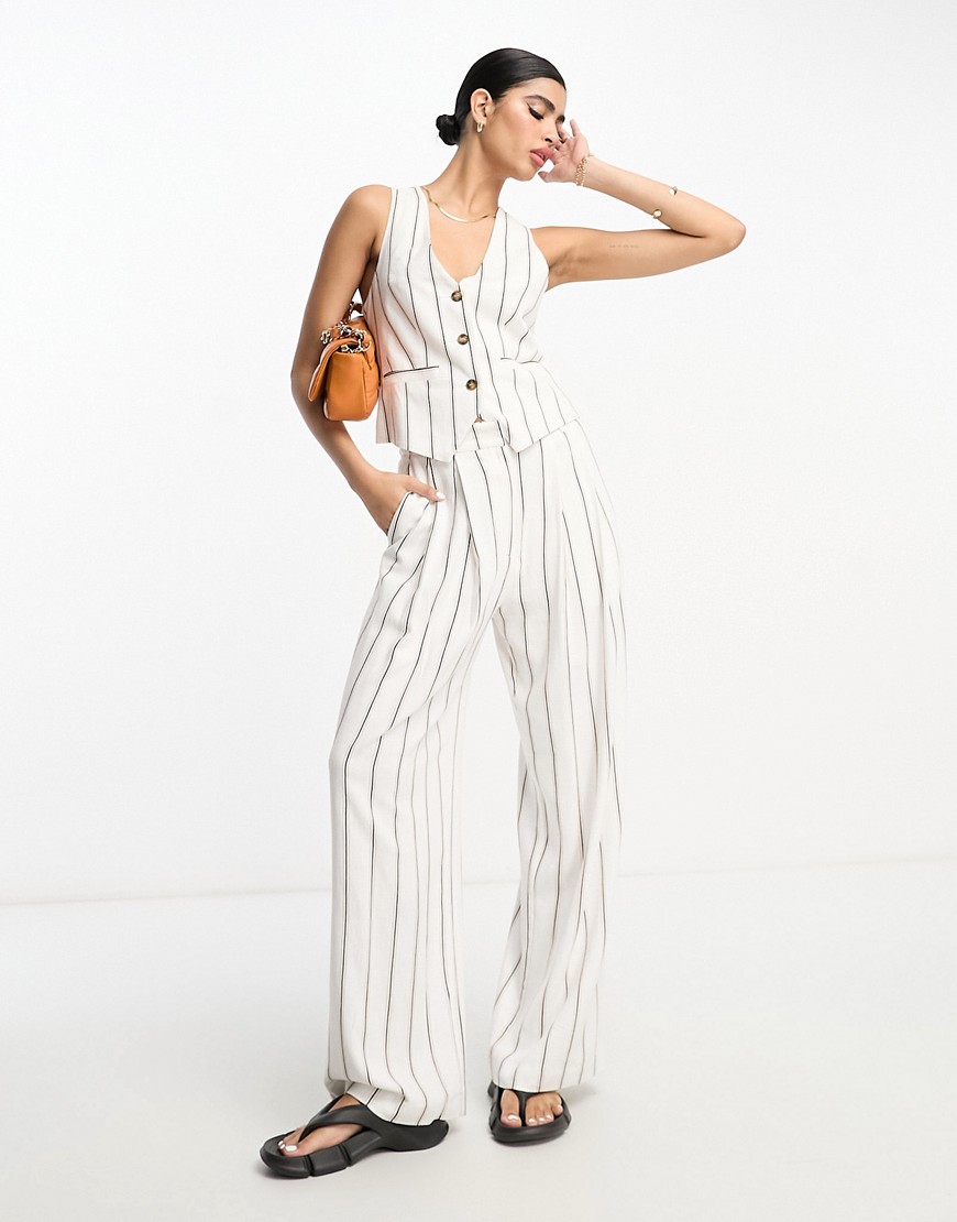 ASOS DESIGN striped inverted pleat wide leg trousers with linen in multi