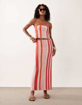 Asos Design Striped Knit Maxi Skirt Set-multi In Pink