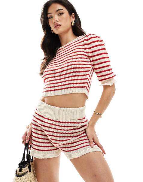 ASOS DESIGN striped knit ruffle shorts in red - part of a set - view 1