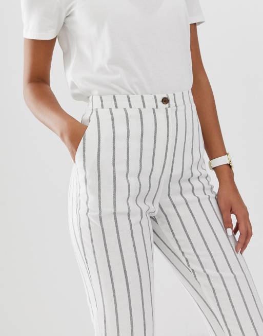 Women Striped White Linen Pencil Pants